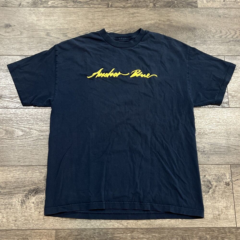 Vintage Y2K Anchor Blue Script Spellout Navy Blue Gold T-Shirt - Men’s Large